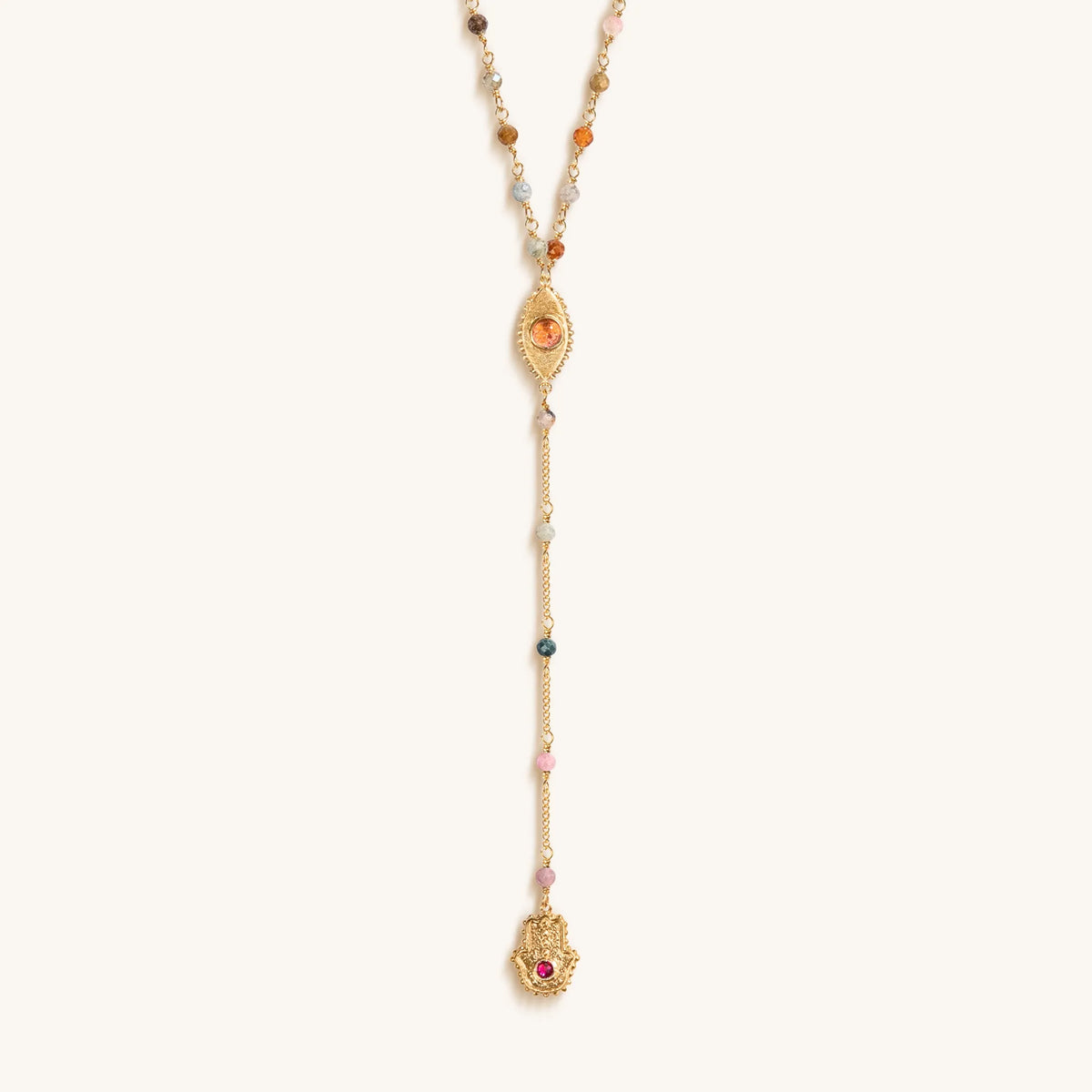 Benevolent Spirit Tourmaline Evil Eye Hamsa Lariat Necklace