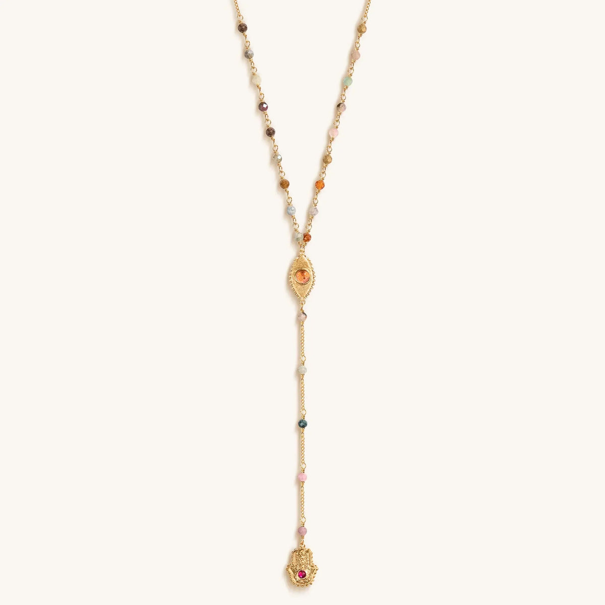 Benevolent Spirit Tourmaline Evil Eye Hamsa Lariat Necklace