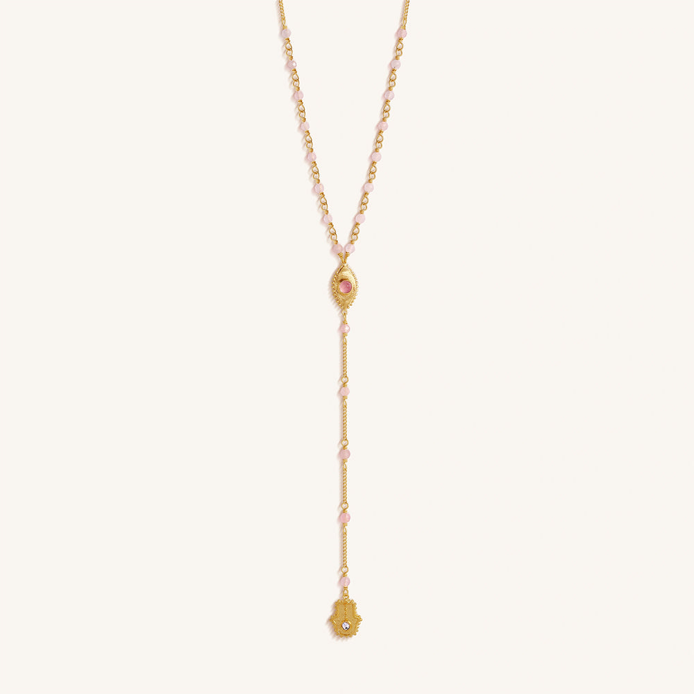 Heart of Serenity Rose Quartz Evil Eye Hamsa Lariat Necklace