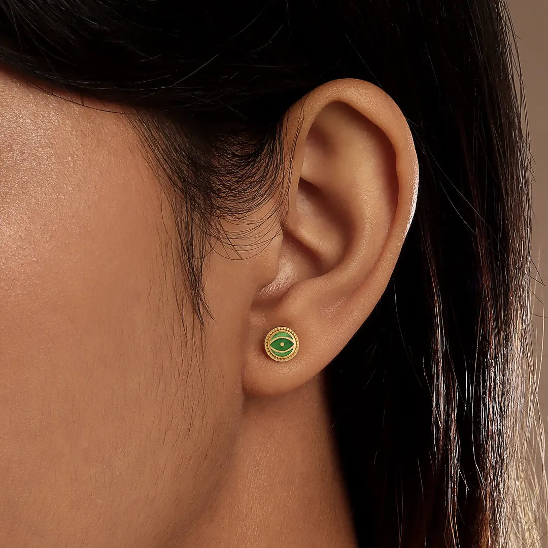 Dawn Sentinel Peridot August Birthstone Evil Eye Gold Stud Earrings