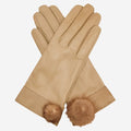 CS4033 (beige) - Women's Italian Silk Lined Lambskin Leather Gloves with Mink PomPom 2