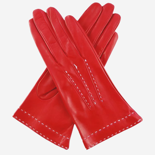 CS4204 (red) - Women's Italian Silk Lined Leather Gloves with Contrast Decorative Stitching