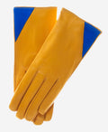 CS4414 (yellow/blue) - Women's Italian Color Blocking Silk Lined Leather Gloves 1