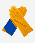 CS4416 (yellow/blue) - Women's Italian Color Block Silk Lined Leather Gloves 2