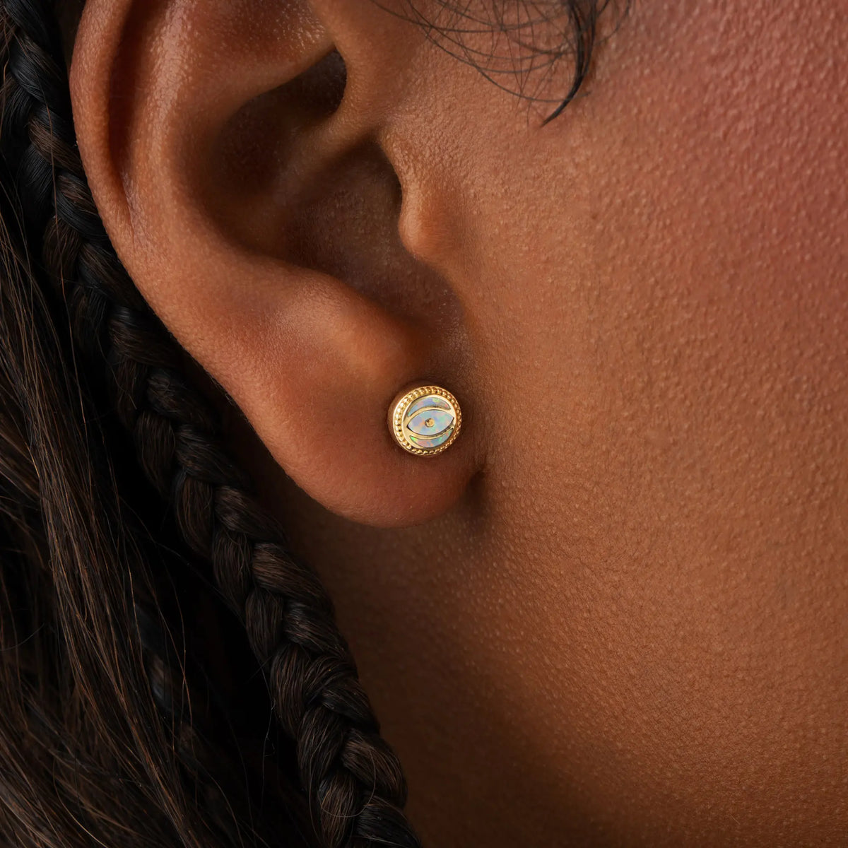 Luminous Shield Opal October Birthstone Evil Eye Gold Stud Earrings