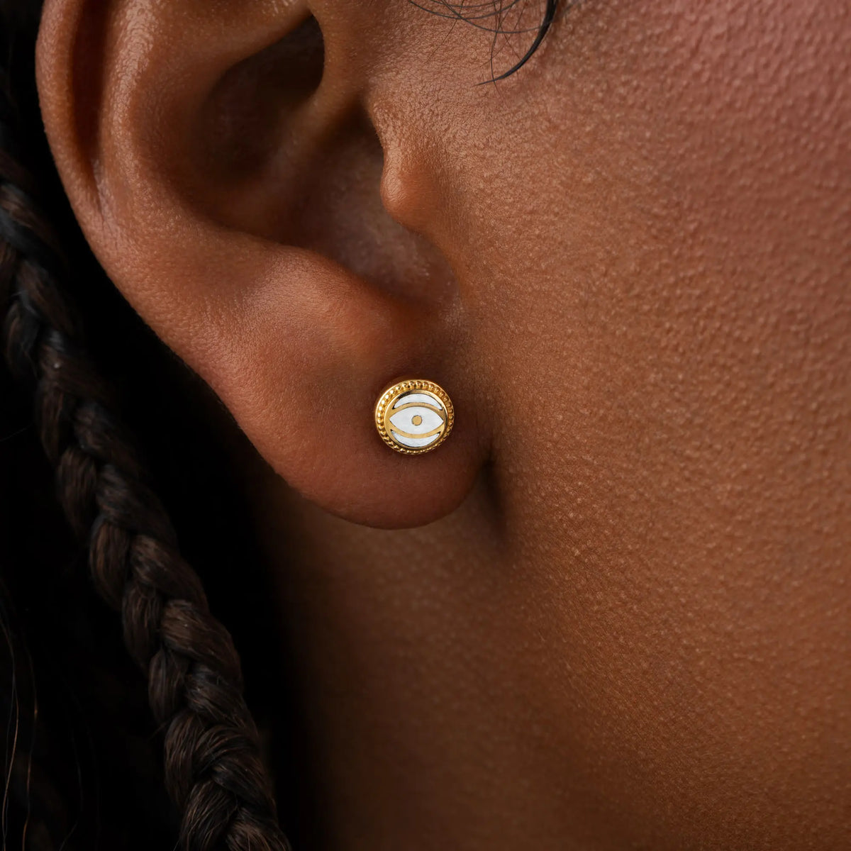 Luminous Shield White Quartz April Birthstone Evil Eye Gold Stud Earrings