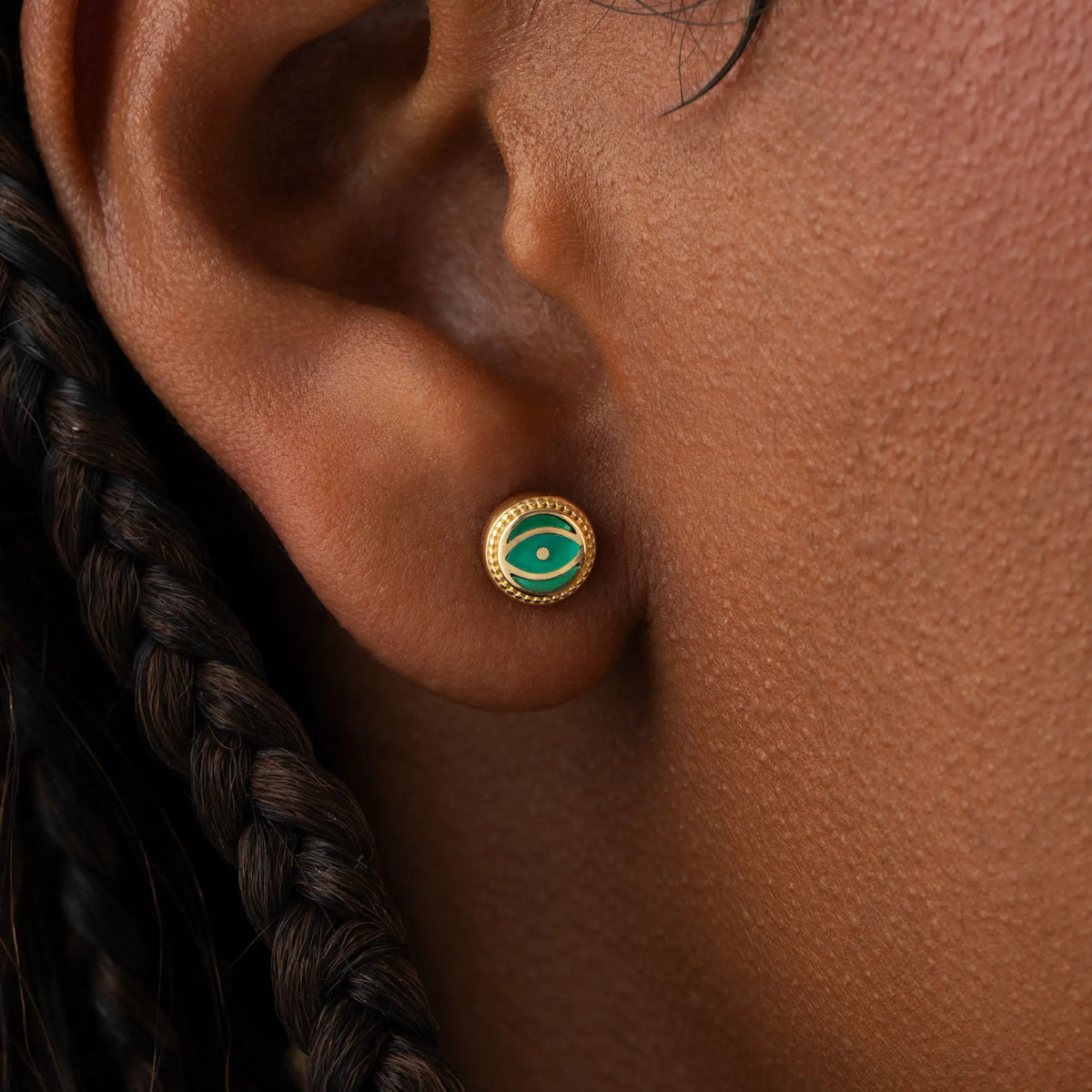 Verdant Guardian Emerald Agate May Birthstone Evil Eye Gold Stud Earrings