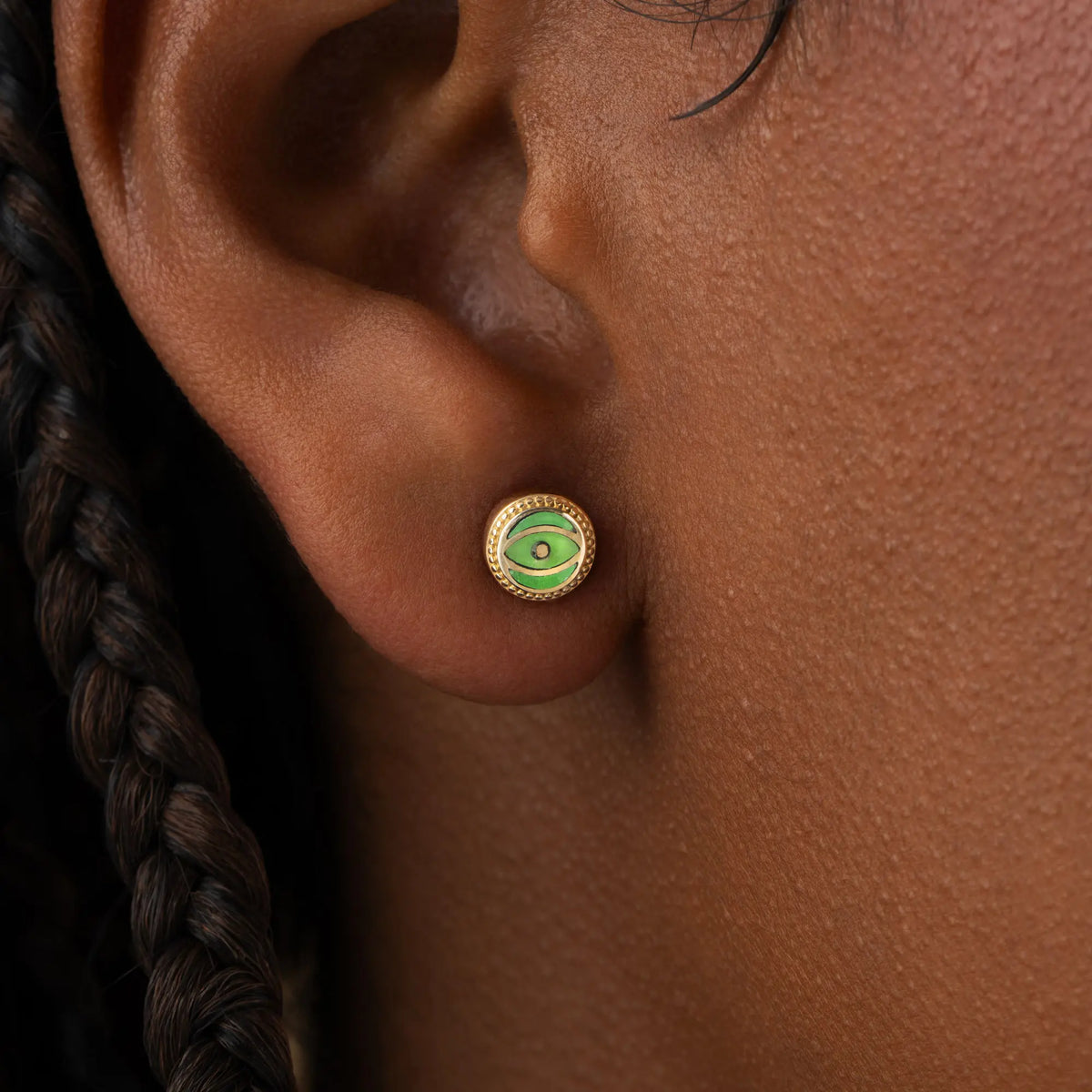 Dawn Sentinel Peridot August Birthstone Evil Eye Gold Stud Earrings