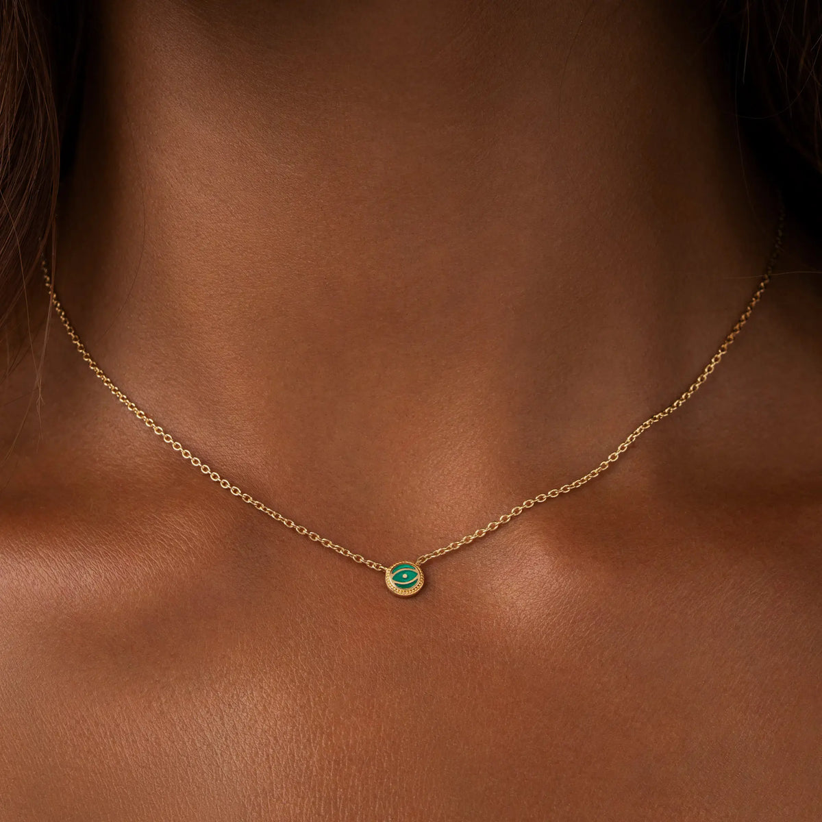 Verdant Guardian Emerald Agate May Birthstone Evil Eye Gold Necklace