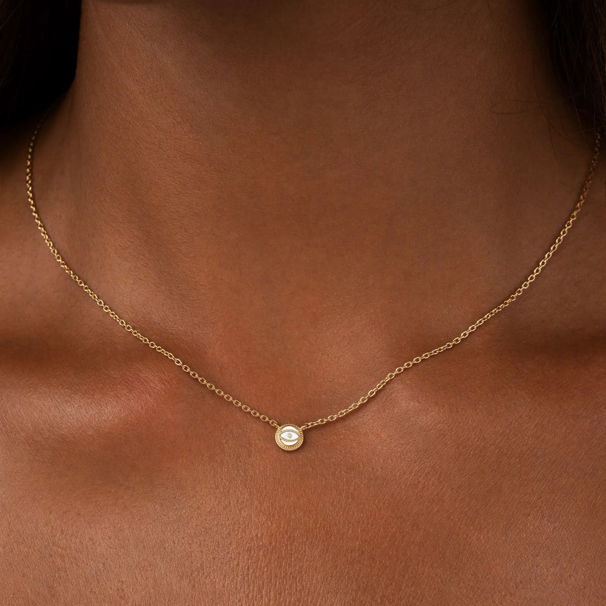 Luminous Sentinel White Quartz April Birthstone Evil Eye Gold Necklace