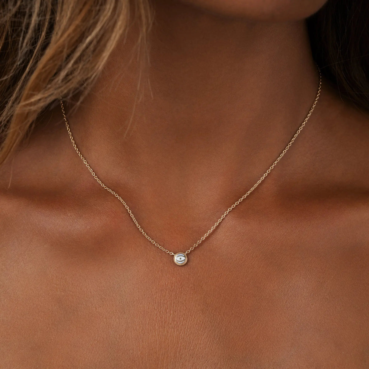 Celestial Shield Moonstone June Birthstone Evil Eye Gold Necklace