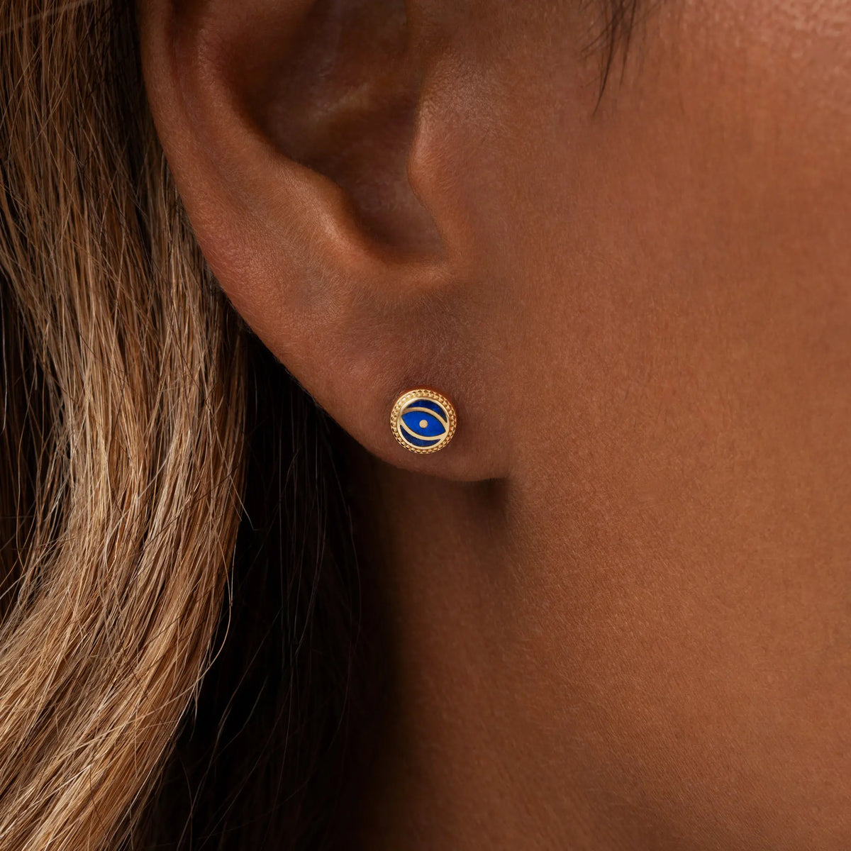 Midnight Guardian Lapis September Birthstone Evil Eye Gold Stud Earrings