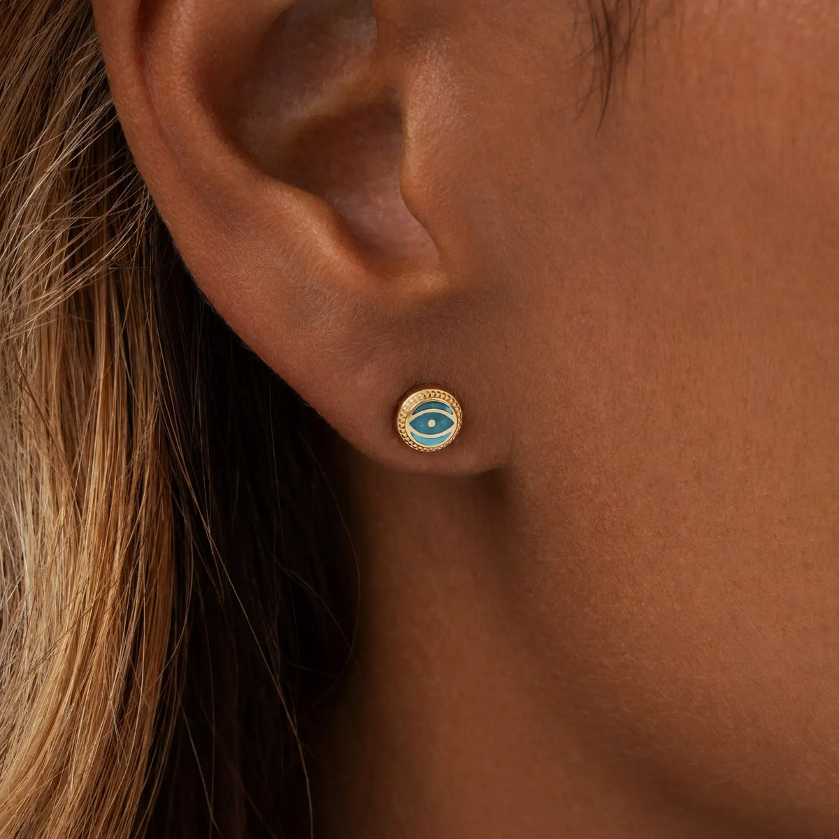 Guardian’s Whisper Turquoise December Birthstone Evil Eye Gold Stud Earrings