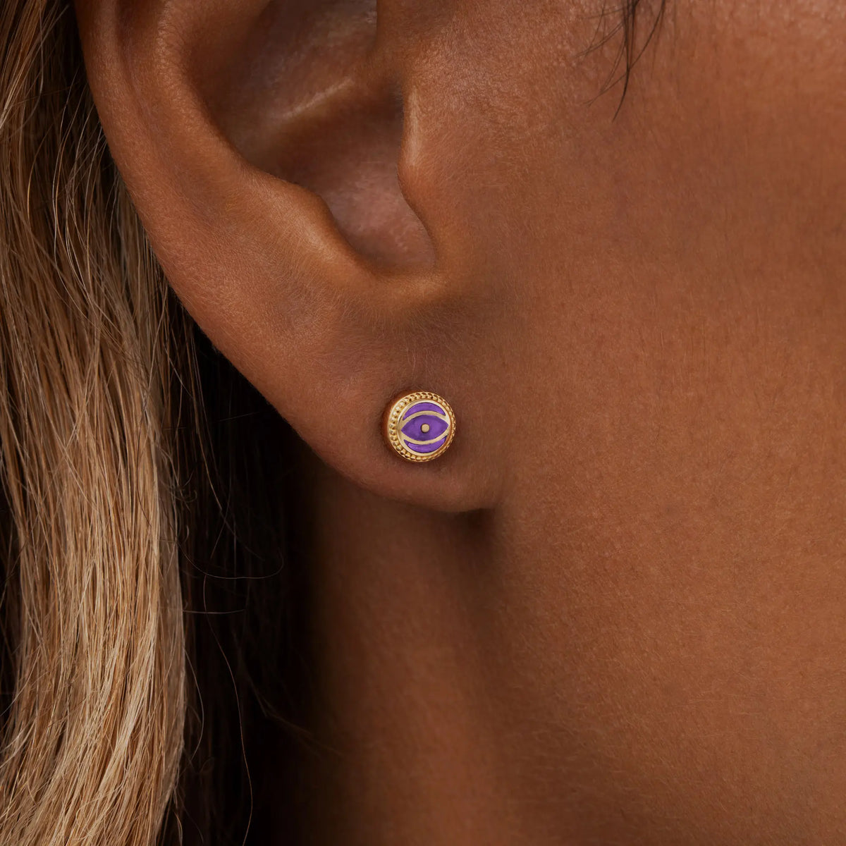 Mystic Guard Amethyst February Birthstone Evil Eye Gold Stud Earrings