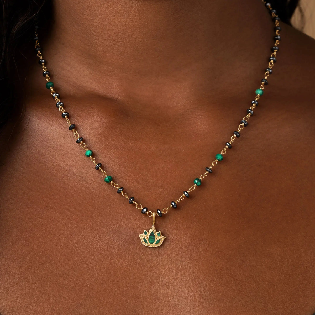 Tranquil Bloom Lotus Hematite & Malachite Necklace