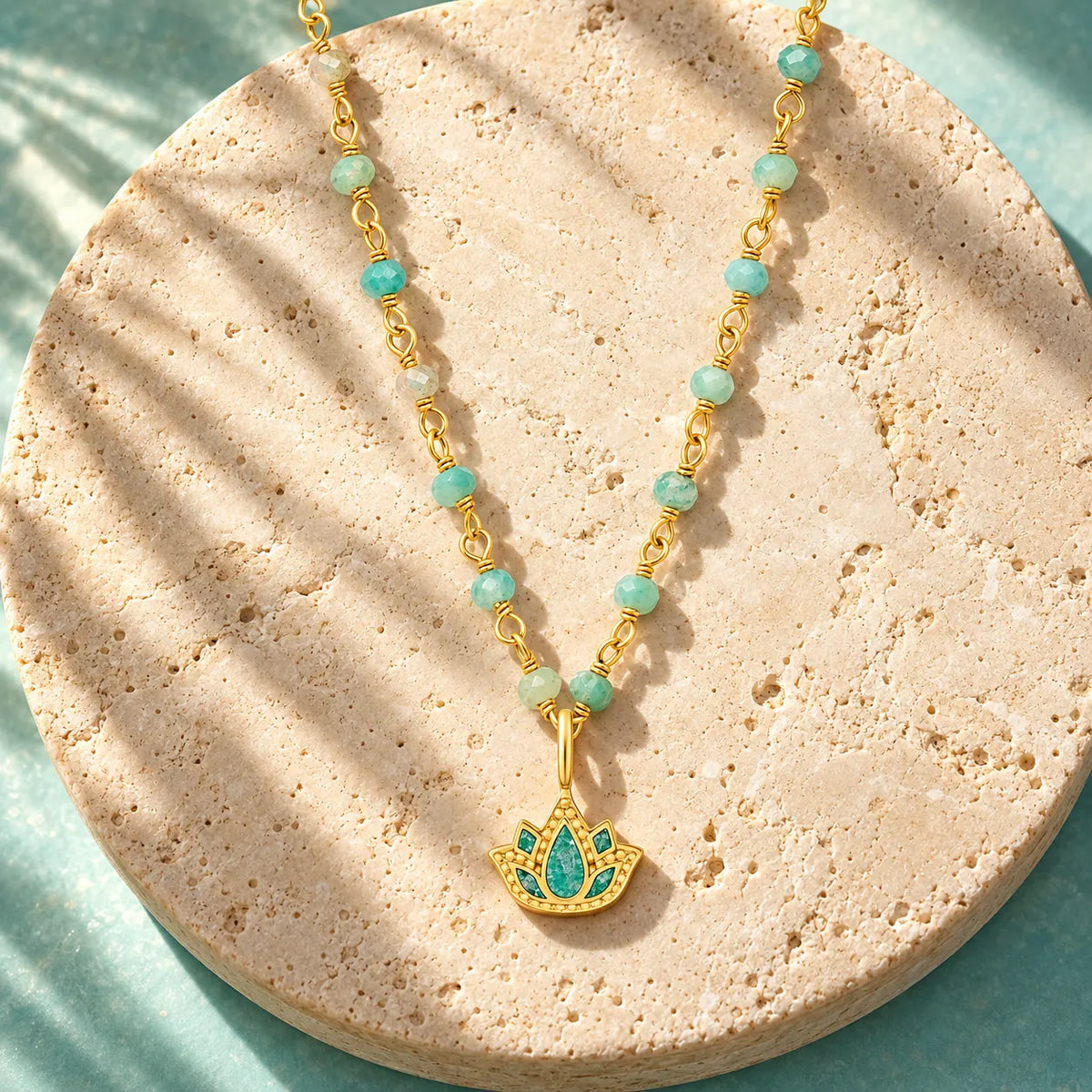 Soul’s Renewal Amazonite Lotus Gold Necklace