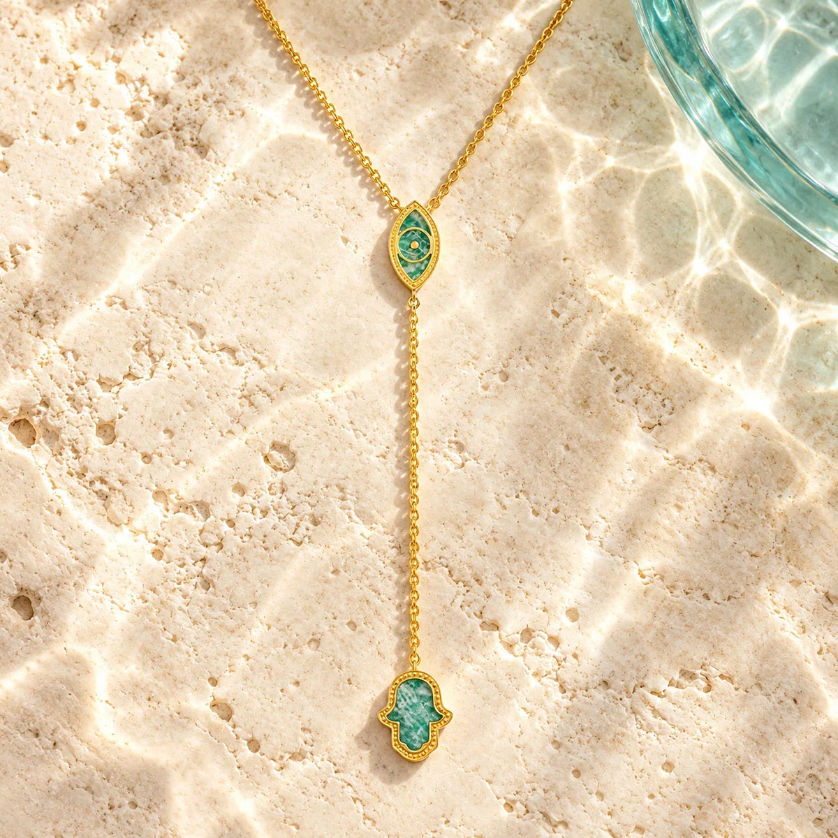 Positive Intentions Amazonite Evil Eye & Hamsa Gold Necklace