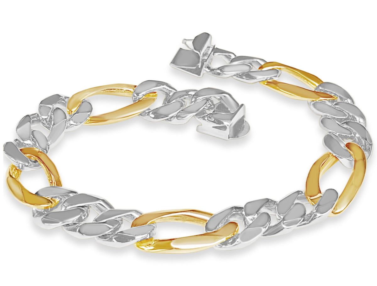 Figaro Solid White/Yellow/Rose Gold Handmade Bracelet, 12mm, 6.5-10 Inch