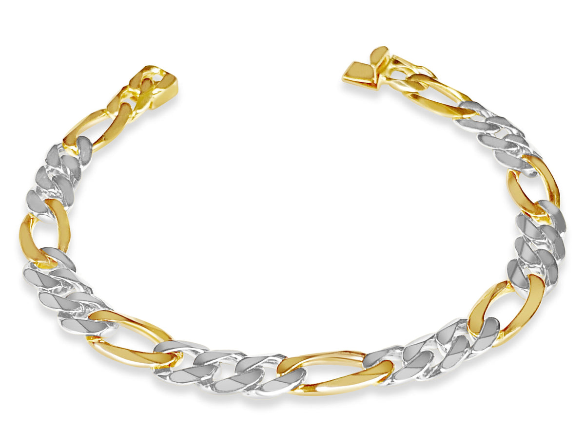 Figaro Solid White/Yellow/Rose Gold Handmade Bracelet, 9mm, 6.5-10 Inch