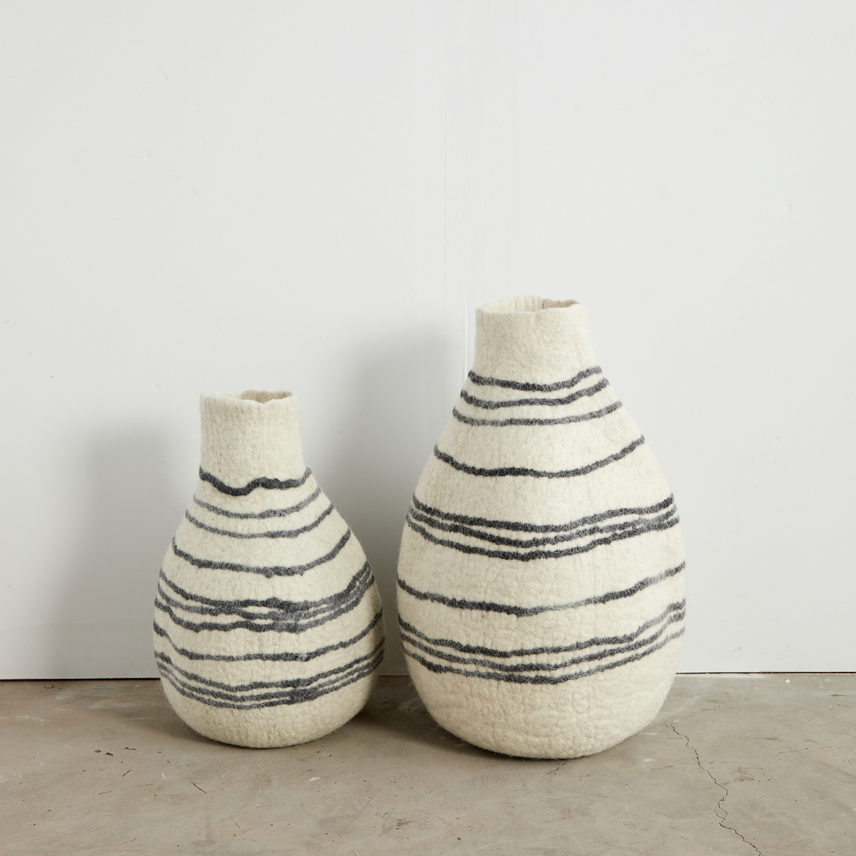 Tribal Lines Hand-Felted Wool Natural White Gourd Basket