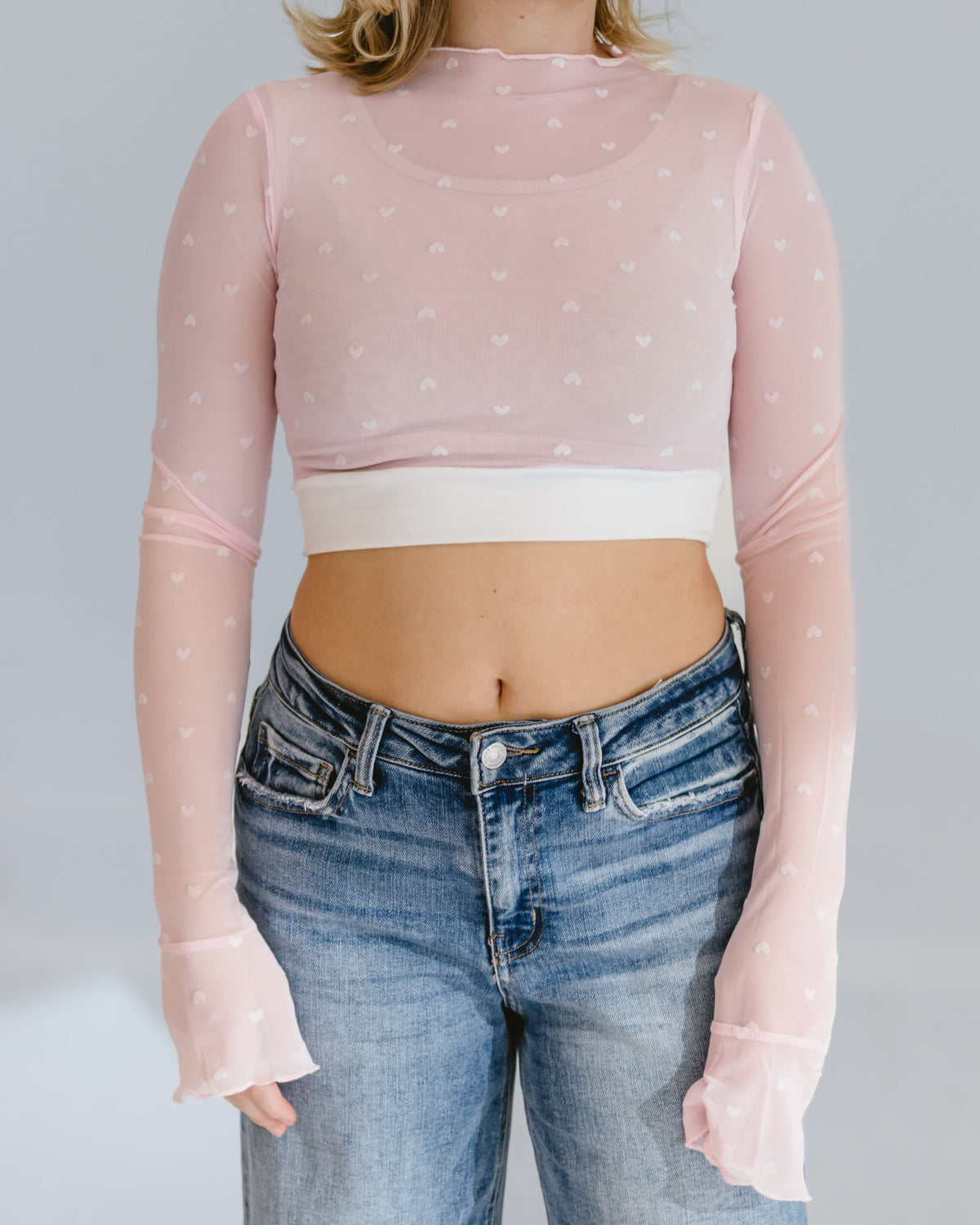 Heart Mesh Mock Neck Halftee