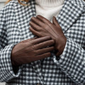 Francesca (brown) - Italian lambskin leather gloves with white rabbit fur lining 8