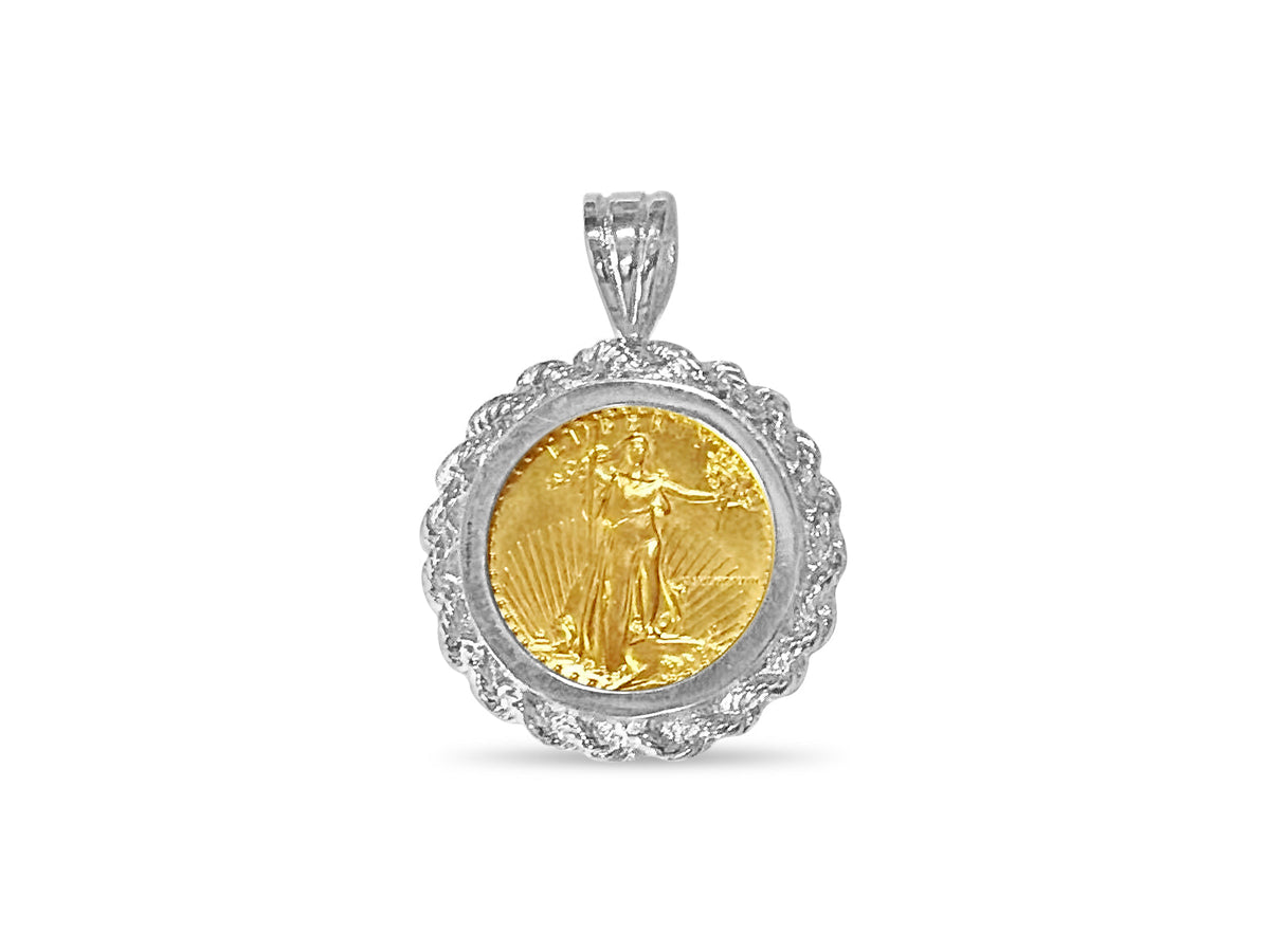 Rope Frame Solid White/Yellow/Rose Gold Handmade Coin Pendant, 1/10oz Coin