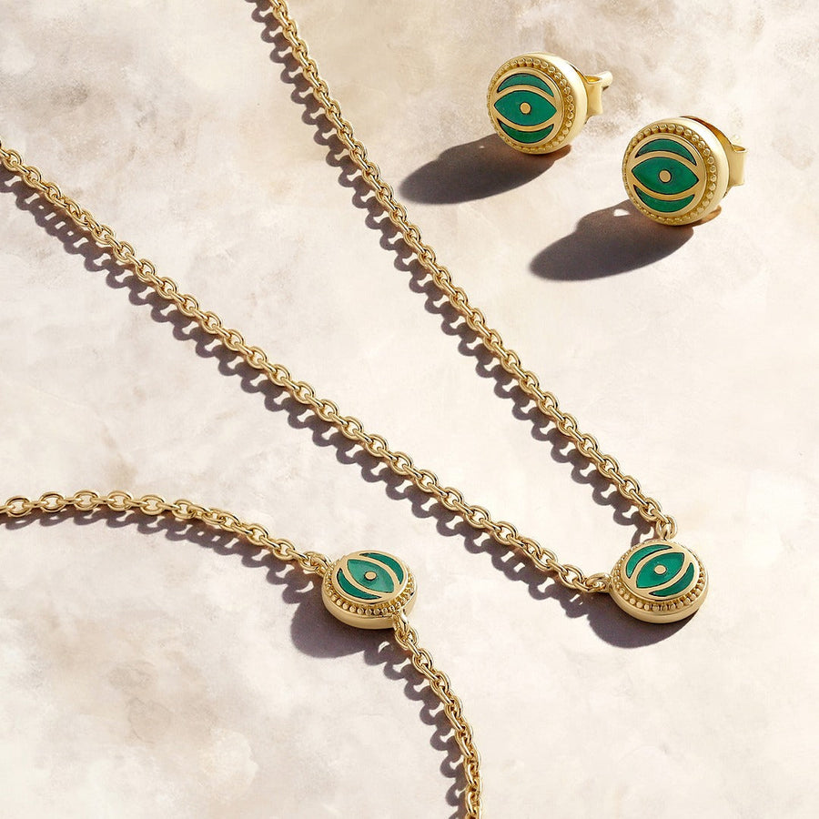 Verdant Guardian - Emerald Agate May Birthstone Evil Eye Gold Necklace