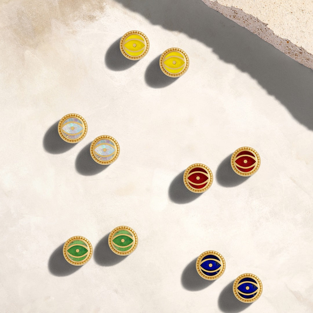 Midnight Guardian Lapis September Birthstone Evil Eye Gold Stud Earrings