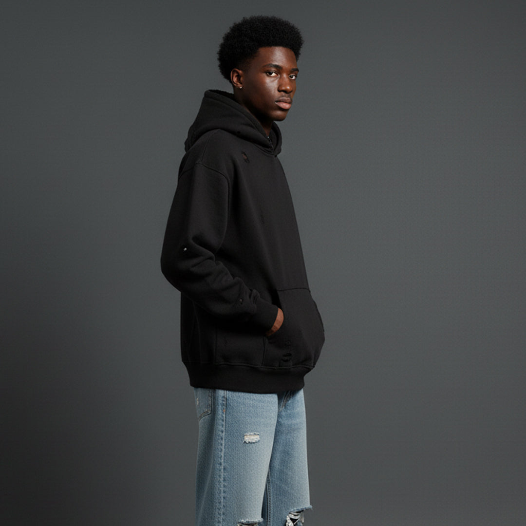 Black Distress Oversized Hoodie