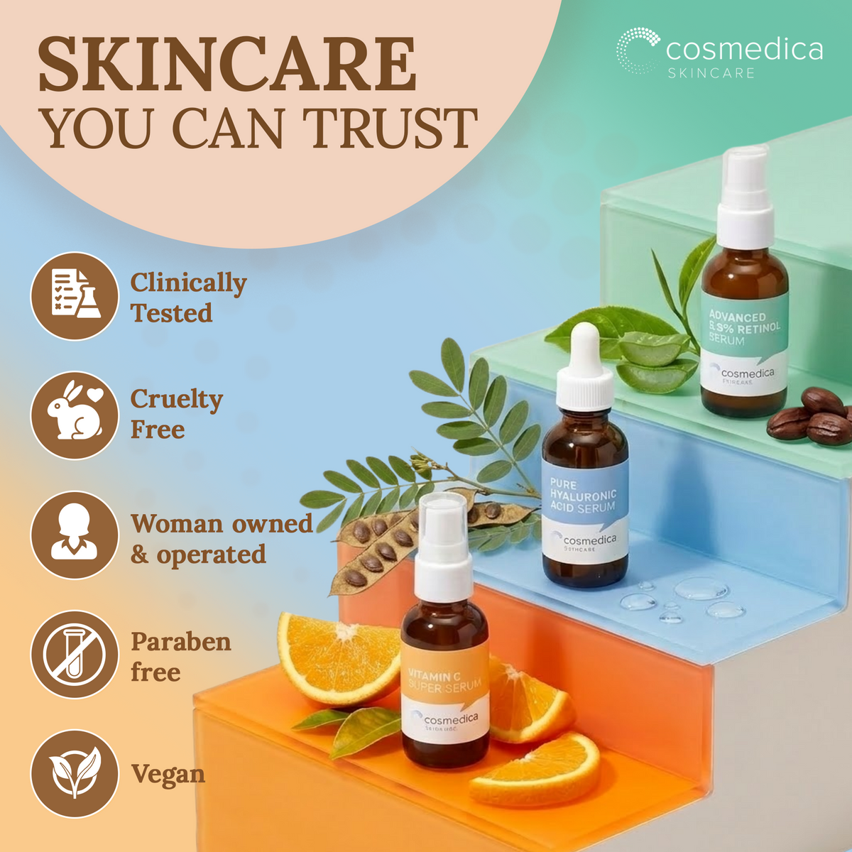 Cosmedica Skincare Facial Serum Trio Set – Vitamin C Serum, 2.5% Retinol Serum & Hyaluronic Acid Serum for Face – Anti Aging, Brightening & Hydrating Skincare – Reduce Wrinkles & Dark Spots – Vegan, Cruelty Free (3 x 1oz)