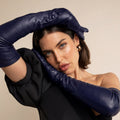Elena (navy) - Italian silk lined 16-button length leather opera gloves 4