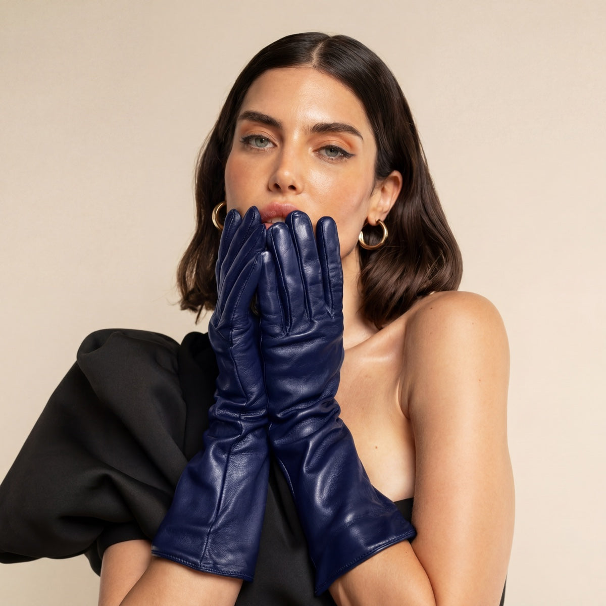 Elena (navy) - Italian silk lined 6-button length leather opera gloves