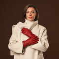 Emilia (red) - Classic Italian lambskin leather gloves with cashmere lining and checkered pattern 2
