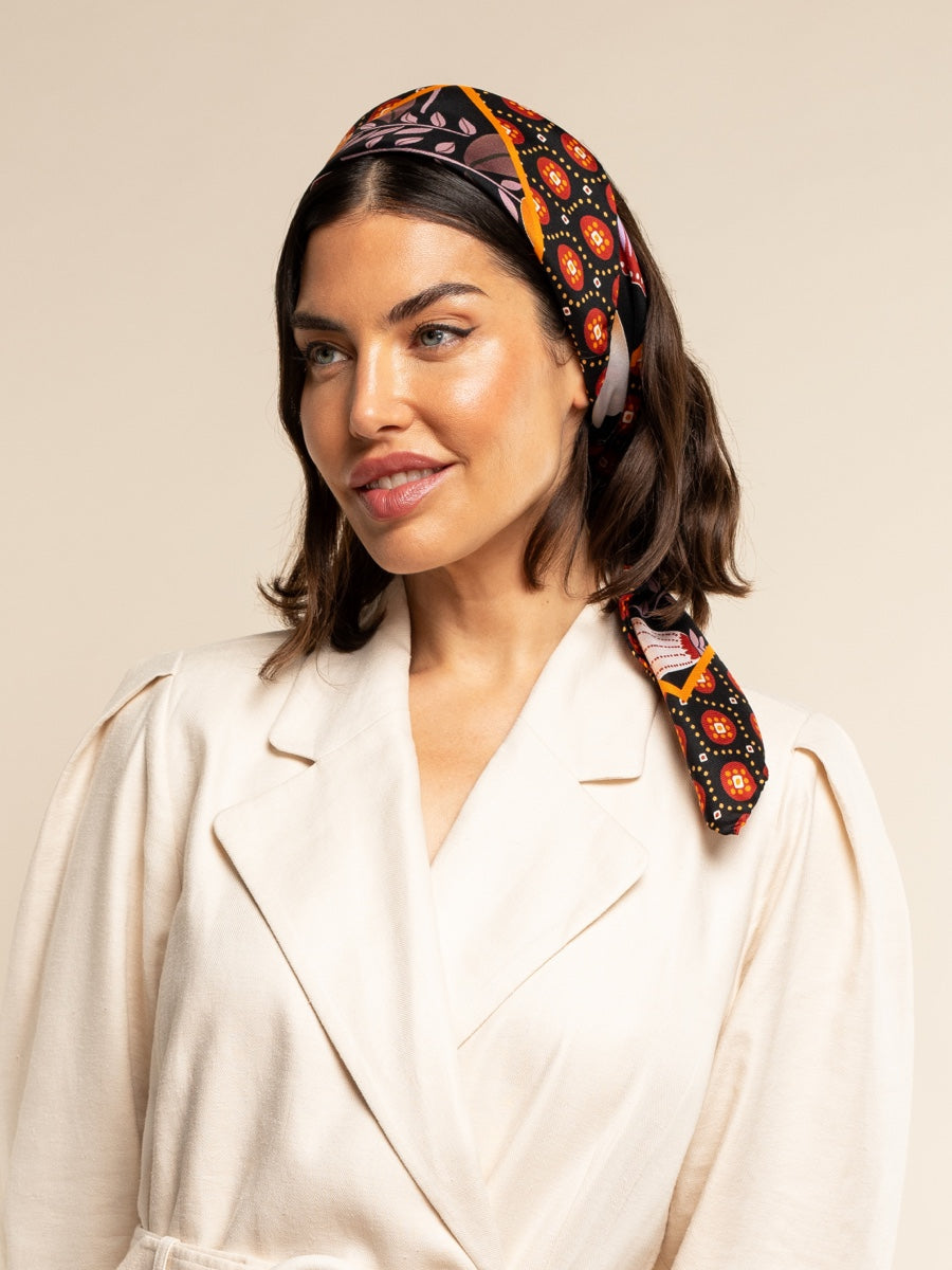 Bruna (black/orange)- Soft and lightweight Italian foulard from pure silk