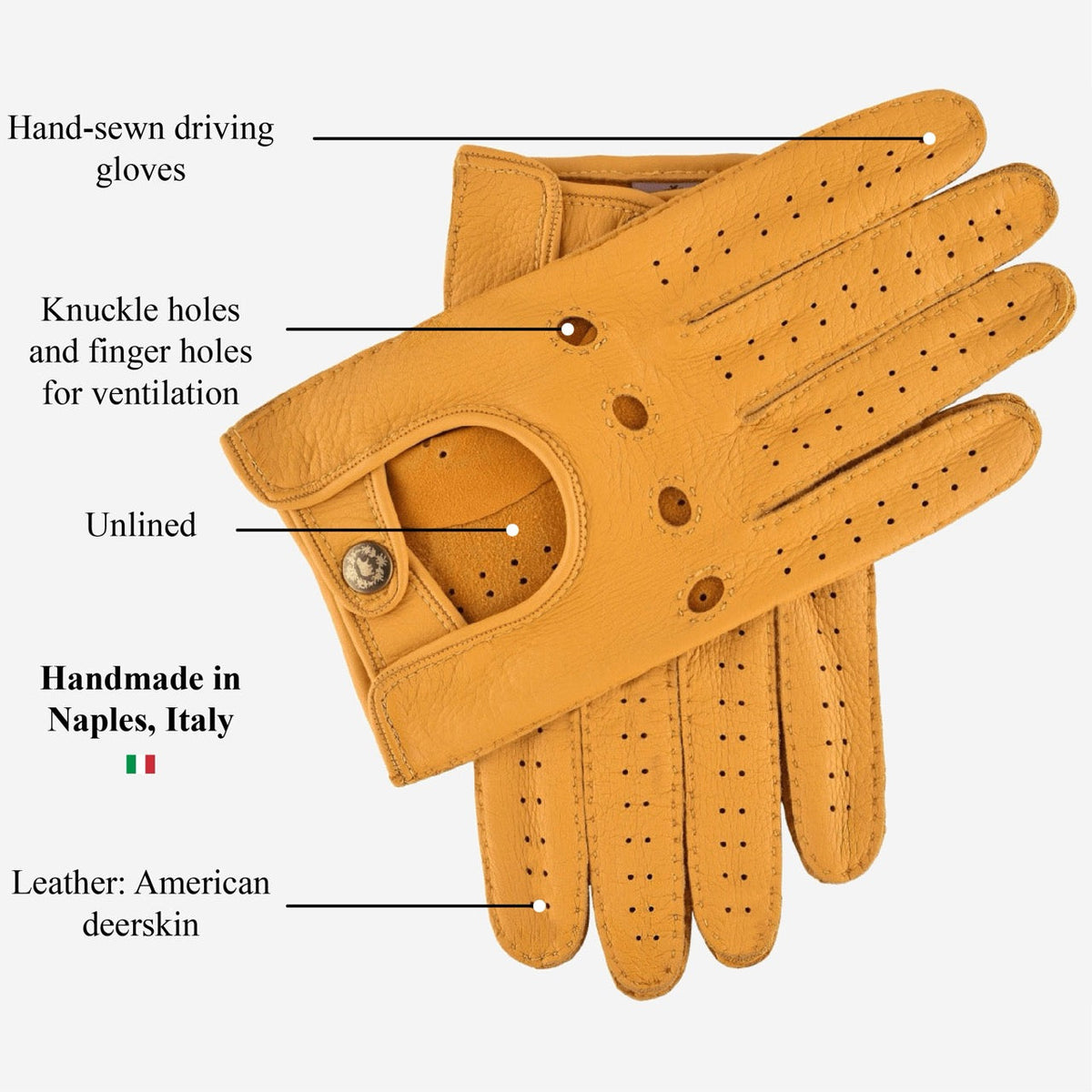 Leonardo (yellow) - Italian driving gloves made of American deerskin leather