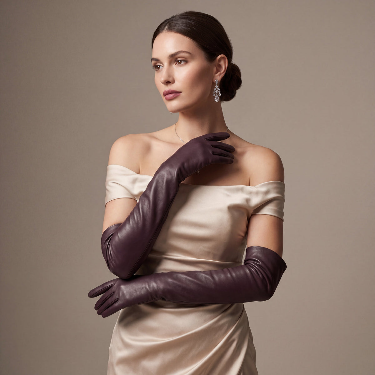 FS01W (brown) - Italian cashmere lined opera length leather gloves
