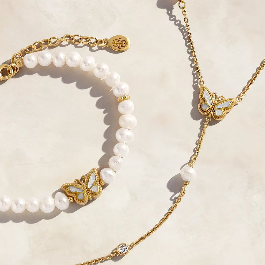 Spiritual Balance Pearl & Mother of Pearl Butterfly Gold Bracelet