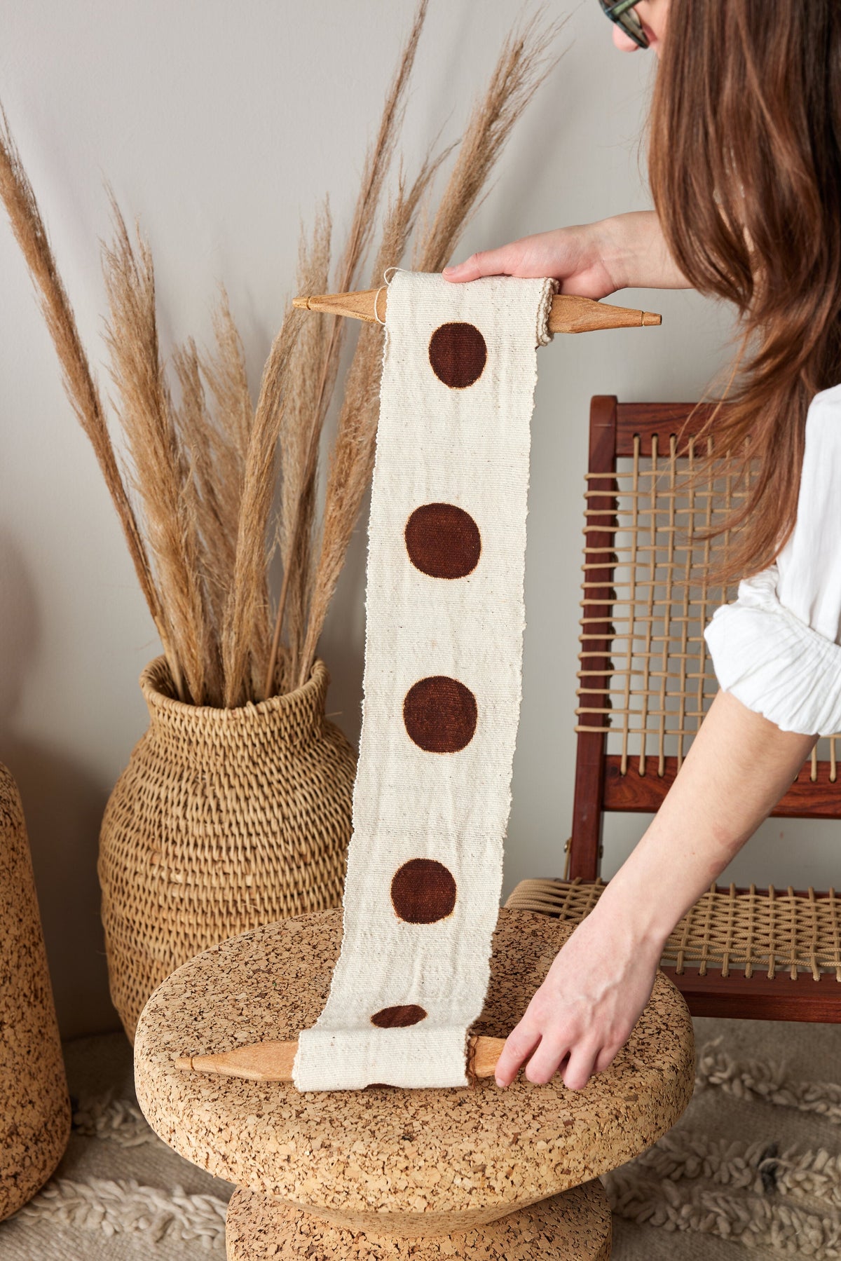 Flourish Bogolan Wall Totem in White with Brown Circles