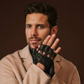 Giuseppe (black) - Italian lambskin fingerless leather driving gloves 4