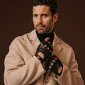 Giuseppe (black) - Italian lambskin fingerless leather driving gloves 8