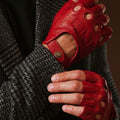 Giuseppe (red) - Italian lambskin fingerless leather driving gloves 5