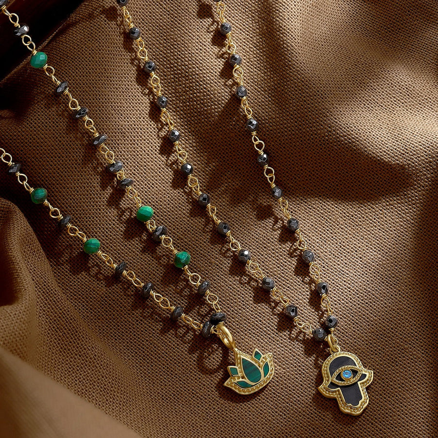 Celestial Flow – Hamsa Hematite & Aquamarine Necklace