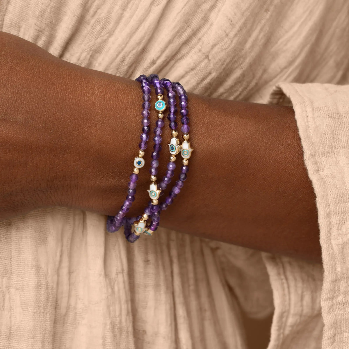 Inner Wisdom - Amethyst Hamsa Evil Eye Charm Bracelet