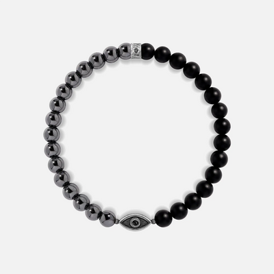 Stay Grounded Hematite Matte Onyx Evil Eye Charm Bracelet, by Karma and Luck