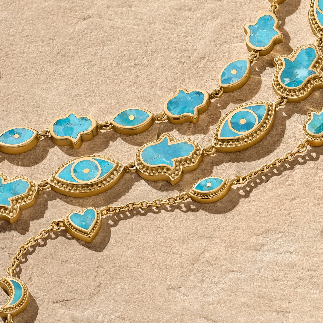 Deep Connections Turquoise Hamsa & Evil Eye Gold Bracelet