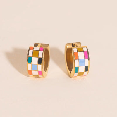 Bright Checkered Super Chunky Huggie Hoop Earrings