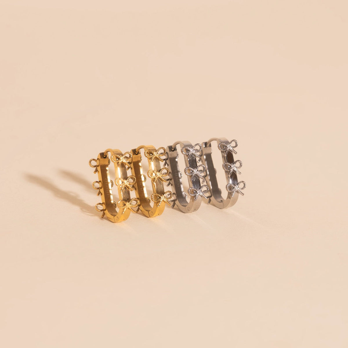 Stacked Rope Bow Oblong 3D Huggie Hoop Earrings