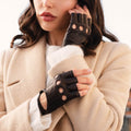 Rossana (dark brown) - Italian fingerless lambskin leather driving gloves 5