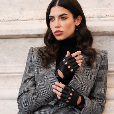 Rossana (black) - Italian fingerless lambskin leather driving gloves, by Leather Gloves Online